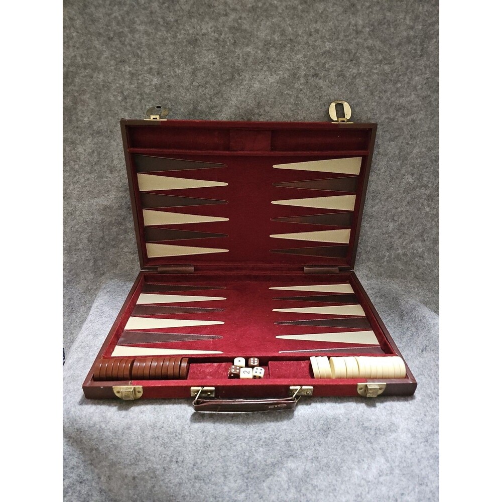 Vtg Backgammon Red Felt W/Brown Leather with Dice Cups Full Size